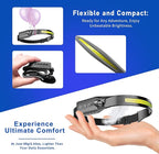 Rechargeable LED Headlamp (Gray), 400 Lumens, 230° Wide Beam, USB-C, 5 Modes — Lightweight, Adjustable Headband; Hard Hat Clips for Camping, Hiking, Running & Repairs