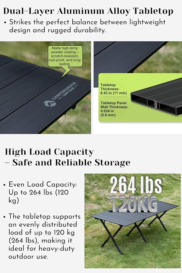CAMPINGMOON Folding Aluminum Roll-Up Table L 31.1'' x W 31.5'' x H 24'' – Portable Compact Camping & Picnic Table BKT-80
