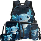 Axolotl Backpack and Lunch Box Blue Bookbag Lightweight Casual Bookbag and Lunch Box Set for Boys 4 Pcs Boys School Backpack 10-12 Years Old for Daypack Hiking Outdoor Travel