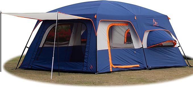 KTT Extra Large Tent 10-12-14 Person(A),Family Cabin Tents,2 Rooms,3 Doors and 3 Windows with Mesh,Straight Wall,Waterproof,Double Layer,Big Tent for Outdoor,Picnic,Camping,Family Gathering