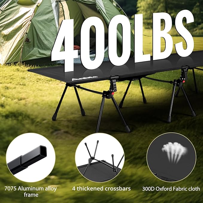 Anbte Height Adjustable Camping Cot with Storage Net & Bag, Support up to 400lbs Comfortable Portable Cots for Adult Folding Bed for Camping Hiking Travel Truck Beach Office Nap, Black