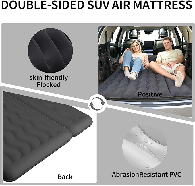 Car Air Mattress, Inflatable SUV Truck Camping Mattress for Back Seat, Thickened Travel Car Bed Sleeping Pad with Air Pump 2 Pillows (SUV-Black, SUV Air Mattress)