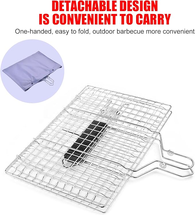 Grill Baskets Fish Grilling Basket for Outdoor Grilling Barbecue Stainless Steel Folding Grill Accessories with Removable Handle, Grill Basket for Bar, Camping, Picnics & Parties. Amazing Grill
