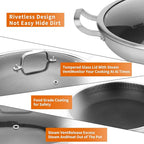 Tri-Ply Stainless Steel Paella Pan Large Saute Pan with Lid (Stainless Steel, Hybrid 12INCH)