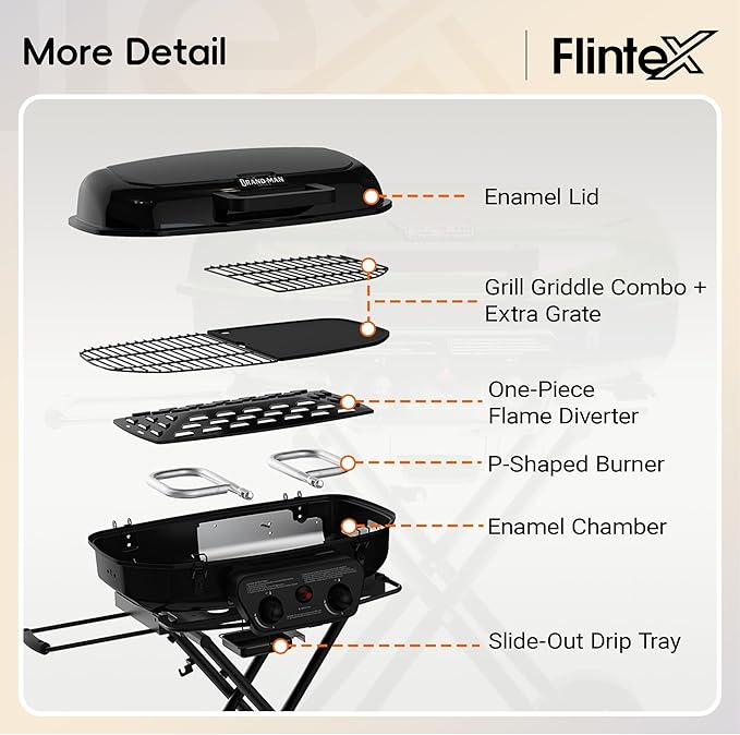 2-Burner Portable Propane Gas Grill, 2-in-1 Camping Propane Grill with Porcelain-Enameled Griddle & Grill Grate for Outdoor Camping Picnics Backyard Cooking, Black