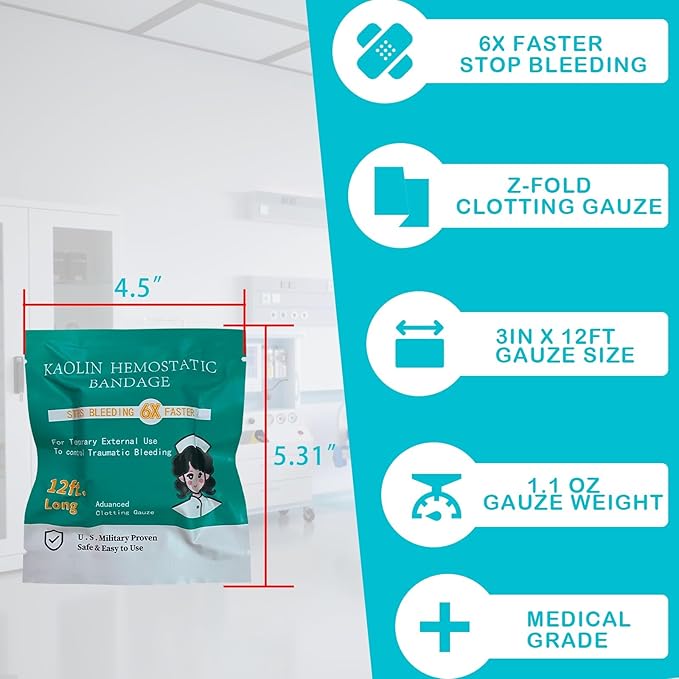 Quick Clot Gauze, First Aid Advanced Stop The Bleed Kit Combat Flexible Hemostatic Gauze-Bleed Stop Faster Wound Packing Medical,Survival Kit Supplies (3" x 12.5) (5)