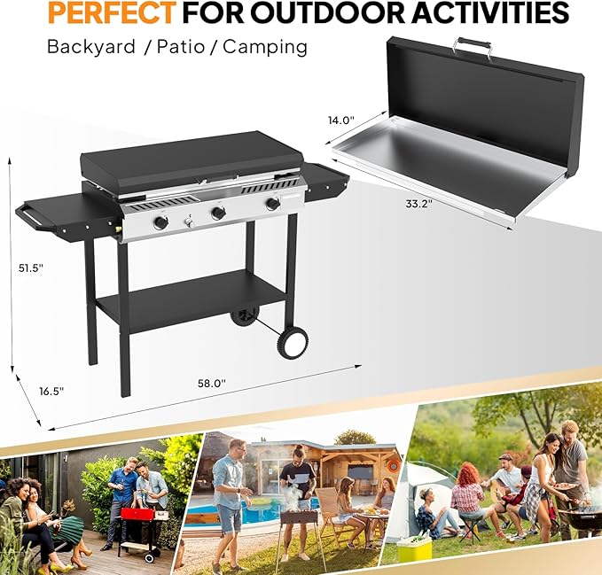 Bonnlo 2-in-1 Propane Stove and Griddle, 3 Burner Outdoor Gas Cooker with Iginition, Storage Shelf and Portable Wheels, 225000BTU Output Camping Stove for Backyard Cooking BBQ Frying and Boiling