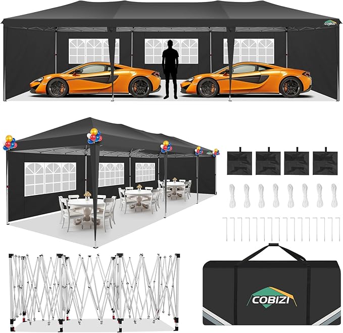 COBIZI 10x30 Pop Up Canopy Tent with Removable Sidewalls, Waterproof Portable Easy Up Canopy with Carry Bag, Instant Outdoor Shelter Tents for Parties, Events, Backyard Gatherings, Weddings, Black