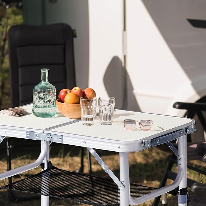 VINGLI Small Folding Table Portable 2FT Aluminum Foldable Camping Table for Picnic Card Table with 3 Adjustable Height & Carry Handle for Outdoor Indoor Hiking Camp BBQ Beach-White