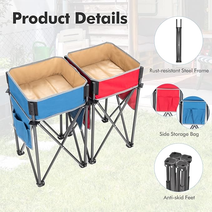 Goplus 2 PCS Folding Camping Tables, Portable Picnic Tables with Large Capacity Storage Sink, Side Pockets, Anti-Skid Feet, Lightweight Tables for Hiking, Fishing, BBQ, Beach (Blue+Red)