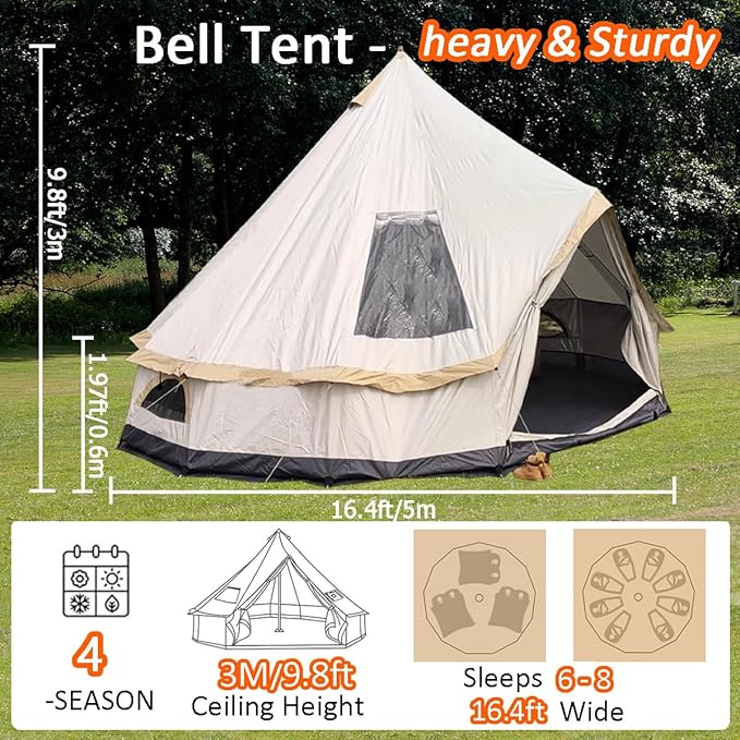 Backpacking Bell Tent with Top Stove Jack for All Year Living, 300D Oxford Waterproof Yurt Tents House for Camping Glamping, Parties, Outdoor Events-13/16.4FT