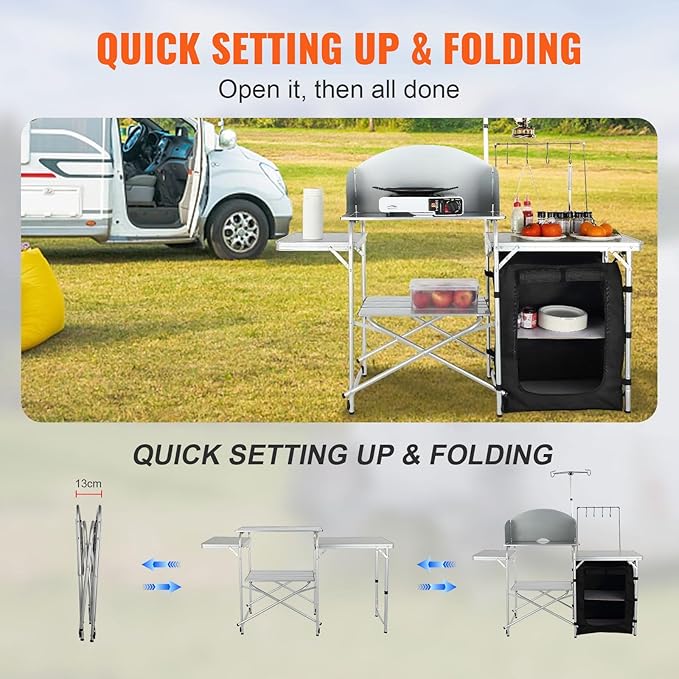 VEVOR Camping Kitchen Table, Folding Outdoor Cooking Table with Storage Carrying Bag, Aluminum Cook Station 1 Cupboard & Detachable Windscreen, Quick Set-up for Picnics, BBQ, RV Traveling, Black