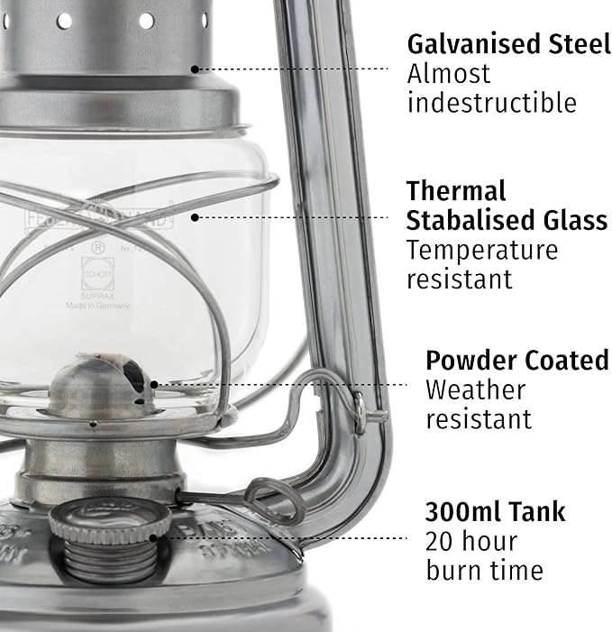 Feuerhand Outdoor Kerosene Fuel Lantern, German Made Weather Resistant Baby Special 276 Galvanized Hurricane Lamp for Camping or Patio, 10 Inches, Unpainted