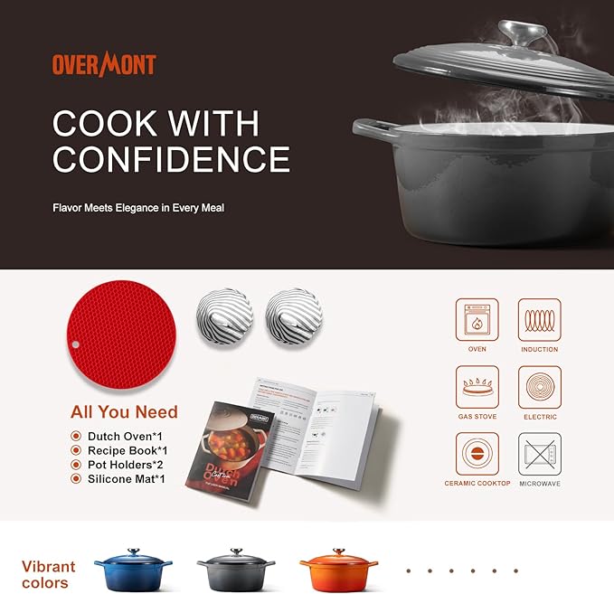 Overmont Enameled Cast Iron Dutch Oven - 5.5QT Pot with Lid Cookbook & Cotton Potholders - Heavy-Duty Cookware for Braising, Stews, Roasting, Bread Baking Grey
