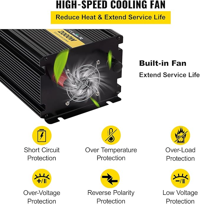 VEVOR Power Inverter, 2000W Modified Sine Wave Inverter, DC 12V to AC 120V Car Converter, with LCD Display, Remote Controller, LED Indicator, AC Outlets Inverter for Truck RV Car Boat Travel Camping