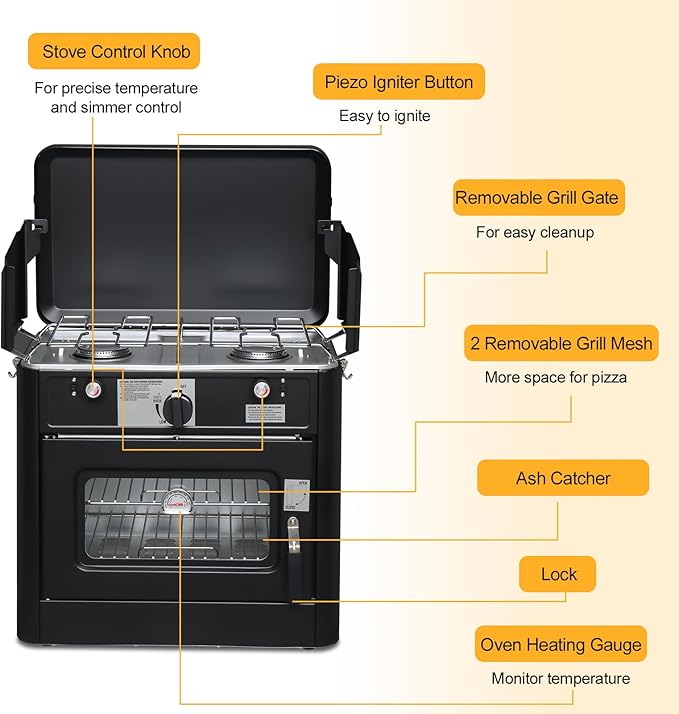 Bonnlo 2-in-1 Camping Oven & Portable Gas Stove Combo with 3-side Windscreen, Powerful 19,800 BTU Propane Oven with One-click Ignition, Heat-resistant Coating & Thermometer for Outdoor Use, Black