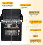 Bonnlo 2-in-1 Camping Oven & Portable Gas Stove Combo with 3-side Windscreen, Powerful 19,800 BTU Propane Oven with One-click Ignition, Heat-resistant Coating & Thermometer for Outdoor Use, Black