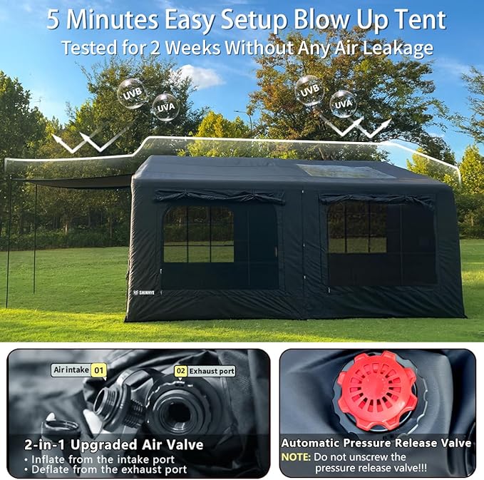 Inflatable Large Tent, Blow Up Tent with Hand Pump Waterproof 4 Season Air Tents Luxury Black Oxford Cabin Glamping House Easy Setup Outdoor Family Hot Tents for Camping 4-8 Person