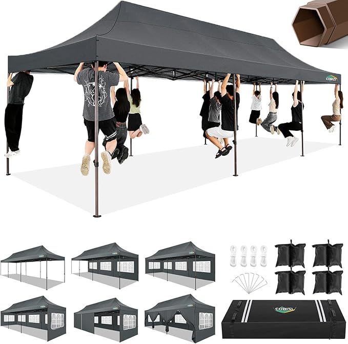 COBIZI 10x30 Pop Up Heavy Duty Canopy with 8 Sidewalls and Hexagonal Legs, Easy up Tent for Party, Wedding and Commercial, Outdoor Canopy with Roller Bag, Sand Bags, Waterproof & UPF50+ (Gray)