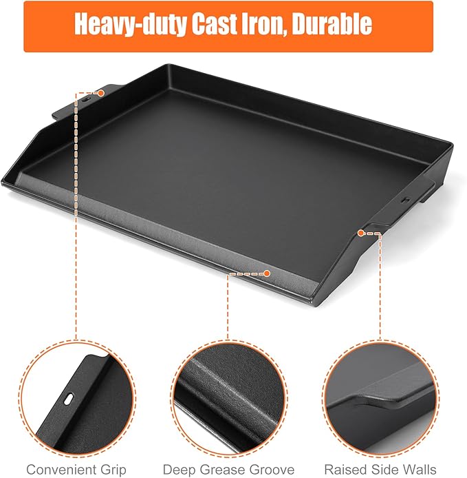 23" x 16" Cast Iron Griddle for Gas Grill and Stove Top, Universal Flat Top Plate with Extra High Sidewalls Nonstick Coating for Camping, Tailgating, Parties