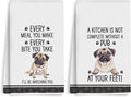 2Pcs Funny Dog Kitchen Towels 24x14 Inch, Cute Pug Waffle Weave Dish Towels for Kitchen Home Farmhouse, White Absorbent Microfiber Hand Tea Towel, Pug Gifts for Pug Lovers Women