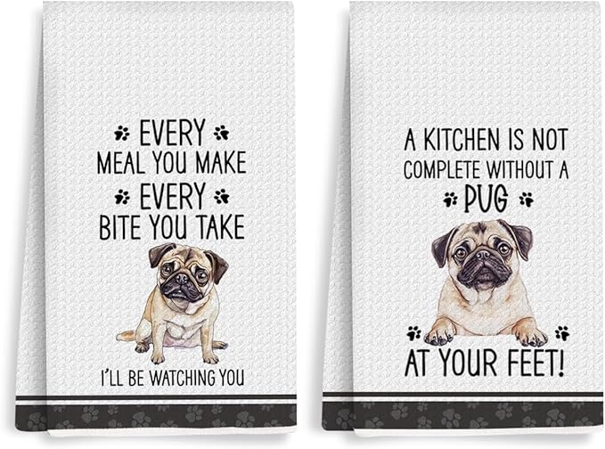 2Pcs Funny Dog Kitchen Towels 24x14 Inch, Cute Pug Waffle Weave Dish Towels for Kitchen Home Farmhouse, White Absorbent Microfiber Hand Tea Towel, Pug Gifts for Pug Lovers Women