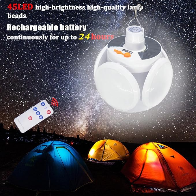 [4000mah] Folding Solar Camping Lights Rechargeable Lantern Waterproof Hanging Tent Collapsible Lamp Remote Control Blub LED USB Foldable Portable for Home Indoor Outdoor Emergency Power Outage 1 Pack