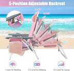 GYMAX Beach Chairs, Backpack Camping Chair with Armrest, Cooler Bag, Cup Holder, Towel Bar & Side Pockets, Sunbath Sling Tanning Lounge, Folding Layout Chair (with Table, Pink)