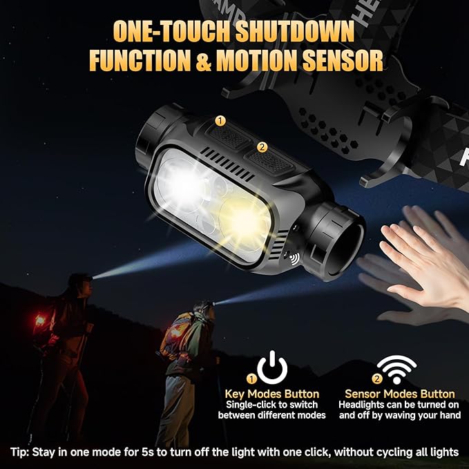 Rechargeable Headlamp for Adults & Hiking, 3 Pack Lightweight & Waterproof Super Bright led Head Lamp with Red Light, Motion Sensor, 5 Modes, 90° Adjustable, Headlamps for Camping, Running