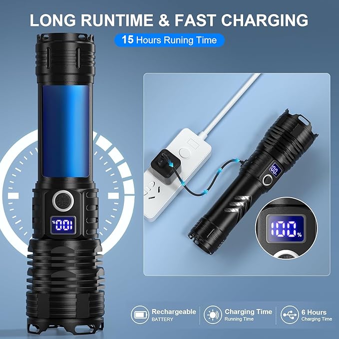 Flashlights High Lumens LED Rechargeable, 99,000 Lumen Super Bright Flashlight High Power USB Flash Light,Waterproof Handheld LED Flashlight for Camping Hiking