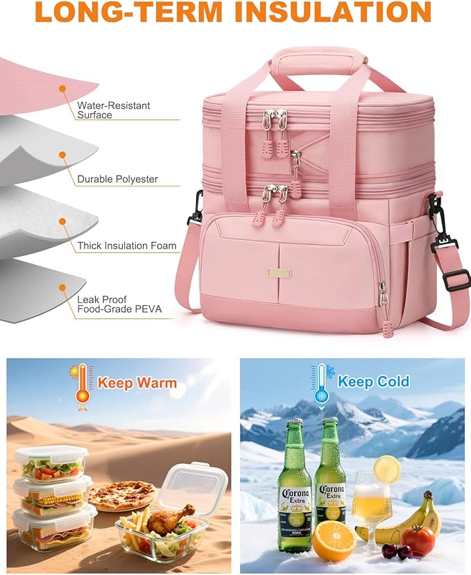 Lunch Box For Men Women Double Deck Insulated Lunch Bag For Men Woman Leakproof Expandable Cooler Bag with Adjustable Shoulder Strap for Kids Shool Work Picnic Camping(Pink,Large)