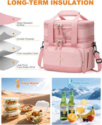 Lunch Box For Men Women Double Deck Insulated Lunch Bag For Men Woman Leakproof Expandable Cooler Bag with Adjustable Shoulder Strap for Kids Shool Work Picnic Camping(Pink,Large)