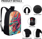 3PCS Colorful Dragon Backpack for Boys 17 Inch Large Capacity Bookbag and Lunch Box Set for Boys Cool Lightweight Teens School Bags 9-10 Years for Back to School Travel Rucksack