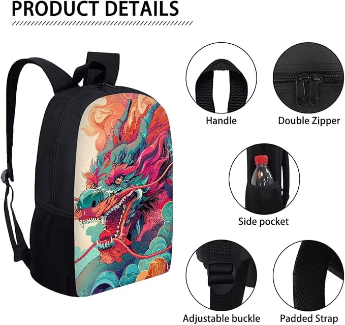 3PCS Colorful Dragon Backpack for Boys 17 Inch Large Capacity Bookbag and Lunch Box Set for Boys Cool Lightweight Teens School Bags 9-10 Years for Back to School Travel Rucksack