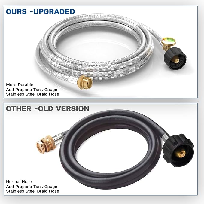 12FT Stainless Braided Propane Adapter Hose with Gauge, Propane Tank Hose Adapter 1lb to 20lb Converter for QCC1/Type1 Coleman Camp Stove, Buddy Heater, Tabletop Grill&More 1lb Portable Appliance
