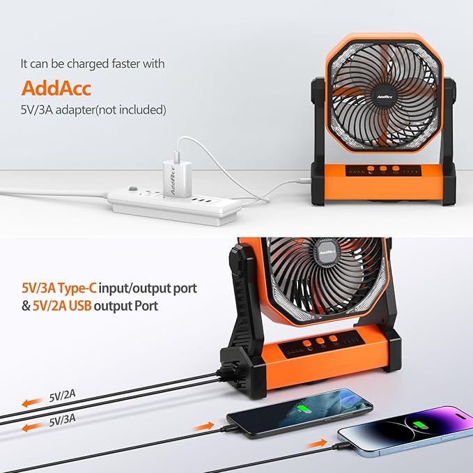 20000mAh Battery Powered Camping Fan, 58Hrs Rechargeable Portable Fan, 400LM Light, 360° Hook, Whisper Quiet Battery Operated Fan for Outdoor Car Travel Hurricane Camping Gear Essentials Power Outages