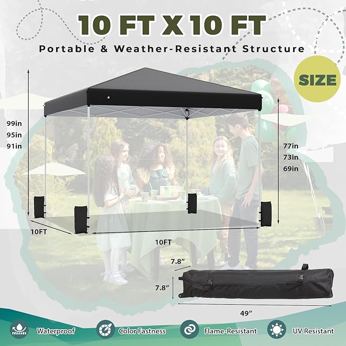 EROMMY 10x10 Pop Up Tent, Easy to Set Up Outdoor Canopy, Portable Shelter for Events, Parties, Camping with 4 Sand Bags, Wheeled Bag, 4 Ropes and 8 Spikes(Black)