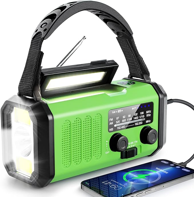 Emergency Radio with Solar/Hand Crank/USB Charging, 10000mAh Rechargeable Battery,NOAA/AM/FM Weather Radio with Multi-Function Flashlight and Cell Phone Charger for Indoor/Outdoor Emergencies