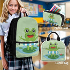 Kids Backpack with Lunch Box Water Bottle Bag Pencil Case Large Capacity Cute Frog Backpack for School Boys Backpacks 8-12 Years Old Kindergarten Elementary Mochilas Escolares Para Niños