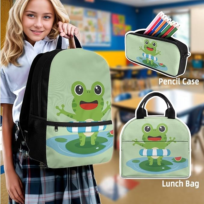 Kids Backpack with Lunch Box Water Bottle Bag Pencil Case Large Capacity Cute Frog Backpack for School Boys Backpacks 8-12 Years Old Kindergarten Elementary Mochilas Escolares Para Niños