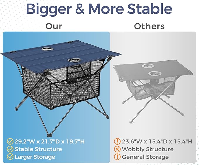 Lightweight Camping Table - Portable Folding Beach Side Table w/2 Cup Holders & Large Storage Basket, Compact Fold for Tailgate Travel Outdoor Fishing Picnic | 29.2" W x 21.7" D (Blue)