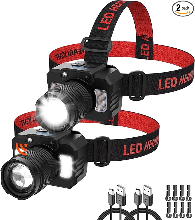 Rechargeable Headlamp High Lumen, 2Pack Super Bright Head lamp with Side Light & Motion Sensor, 7Mode Head Lights for Forehead, Adjustable Focus LED Headlamps for Adults Camping Running Hiking