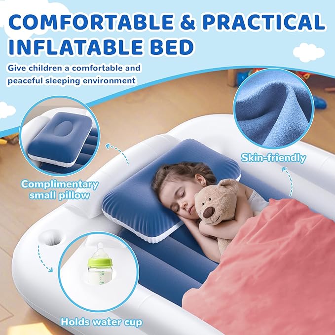 Inflatable Toddler Travel Bed - 60 Inches Portable Toddler Bed for Travel with Safety Sides - Cozy Kids Air Mattress Set with Built-in Electric Pump & Carry Case- Easy to Inflate - Sea Blue