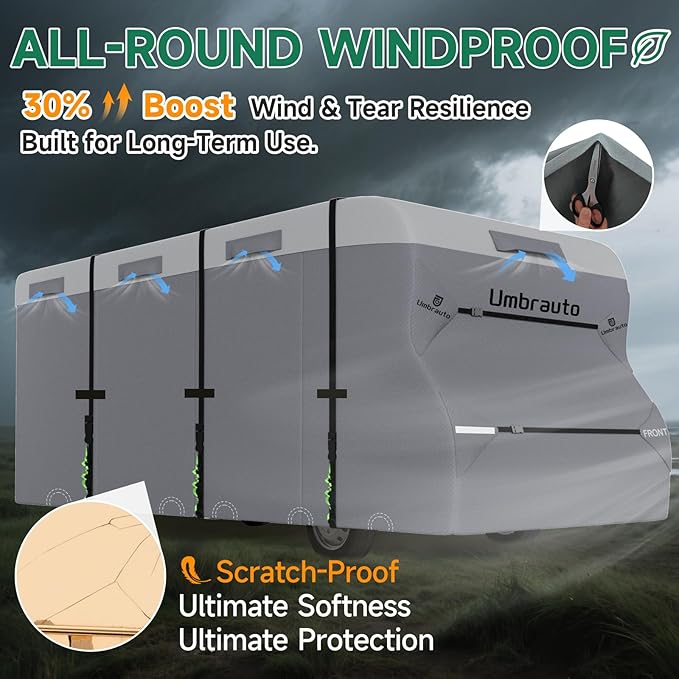 Umbrauto RV Cover Class C Upgraded 7 Layers Anti-UV Top Panel Motorhome Cover Windproof Camper Cover for 23' to 26' Motorhome with 3Pcs Extra Straps, Adhesive Repair Patches, 6 Gutter Covers
