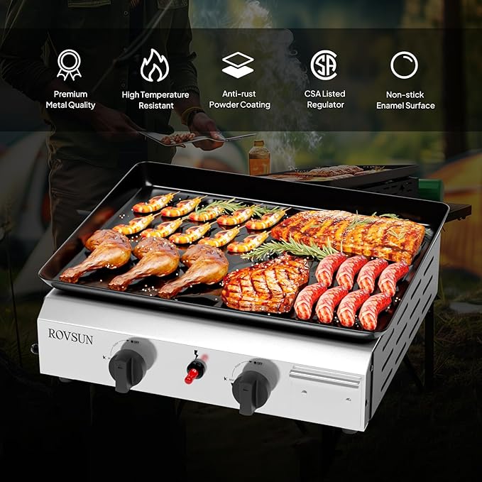 ROVSUN 2 Burner Portable Propane Griddle with Electronic Ignition & Regulator, 20,000 BTU Tabletop Flat Top Gas Grill with Nonstick Enameled Tray for Outdoor Cooking Camping BBQ Tailgating Picnicking