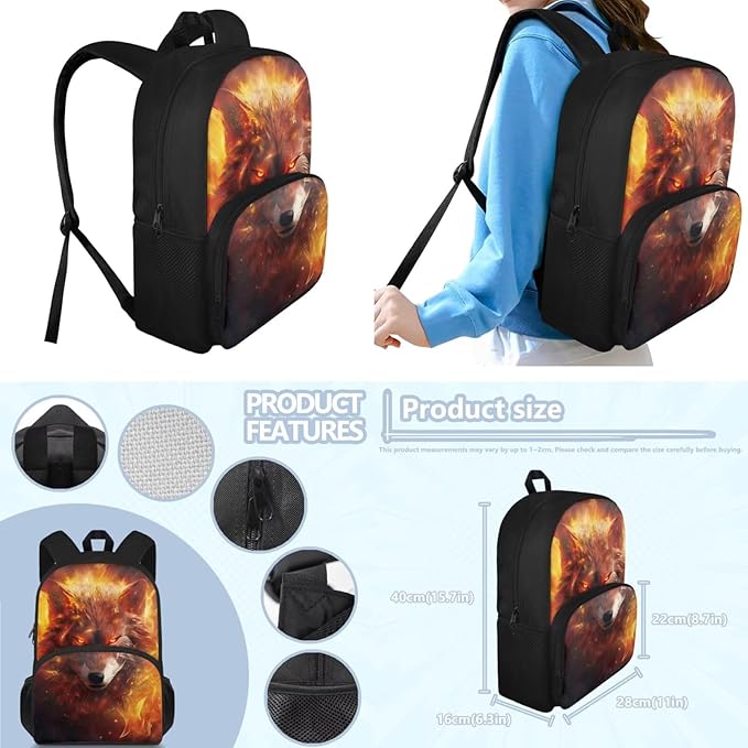 Ystardream Preschool Bookbags for Boys Fire Wolf Backpack with Lunch Box and Pencil Bag 3 in 1 for Boys Kids Cool Backpack with Side Pocket for Water Bottle for Teen Kid School Sports