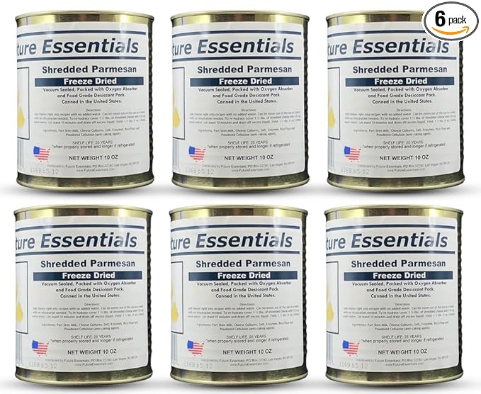 Future Essentials Freeze Dried Shredded Parmesan Cheese 6 Cans (#2.5 Can, 10 oz Each) 25 Year Shelf Life Emergency Food Supply, Survival Pantry, Camping, Hiking & Backpacking Made in USA