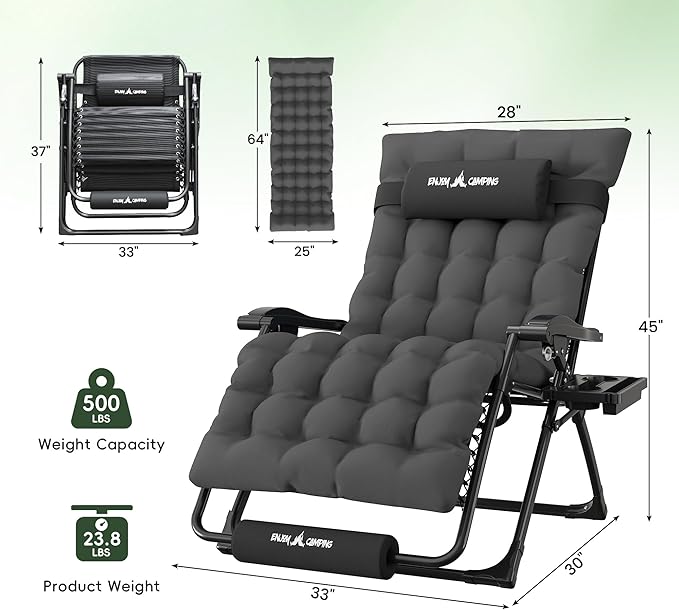 Amopatio Oversized Zero Gravity Chair, 33in Reclining Camping Lounge Chair Upgraded Lock and Footrest, Folding Patio Recliner with Cup Holder, Removable Cushion & Headrest