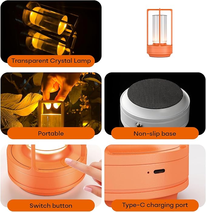 Portable Metal Table Lamp for Indoor/Outdoor ,Rechargeable Cordless LED Lamp, 3-Colour Infinitely Dimming Battery Powered Small Desk Lamp, Restaurant/Bedroom/Bar/Coffee Shop/Camping Light (Orange)