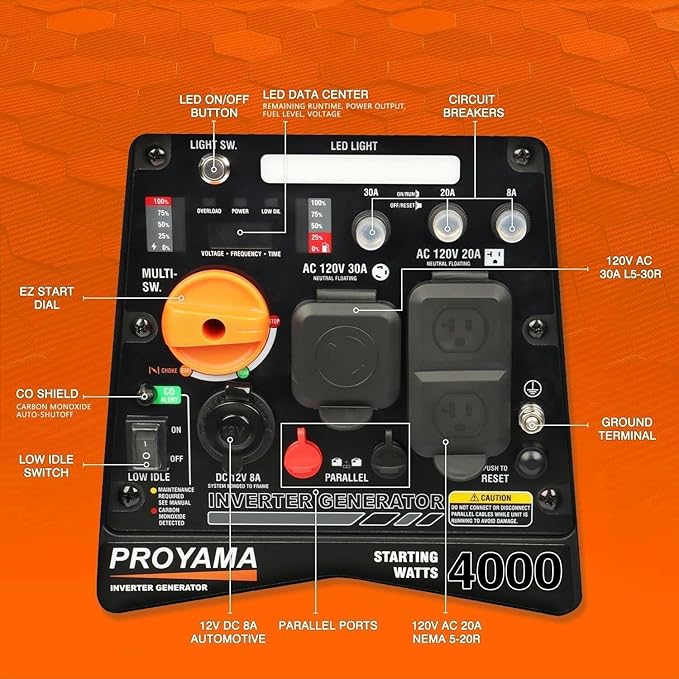 PROYAMA 4000W Portable Gas Inverter Generator, CO Sensor, Digital Interface, RV - Ready, LED Light, ECO - Mode, Parallel Capable, Low Oil Shutoff, Super Quiet and Lightweight with Weatherproof Cover